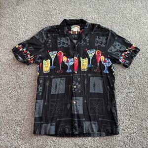 VINTAGE Paradise Found Shirt Mens M Black Happy Hour Cocktails Rayon Button Up*